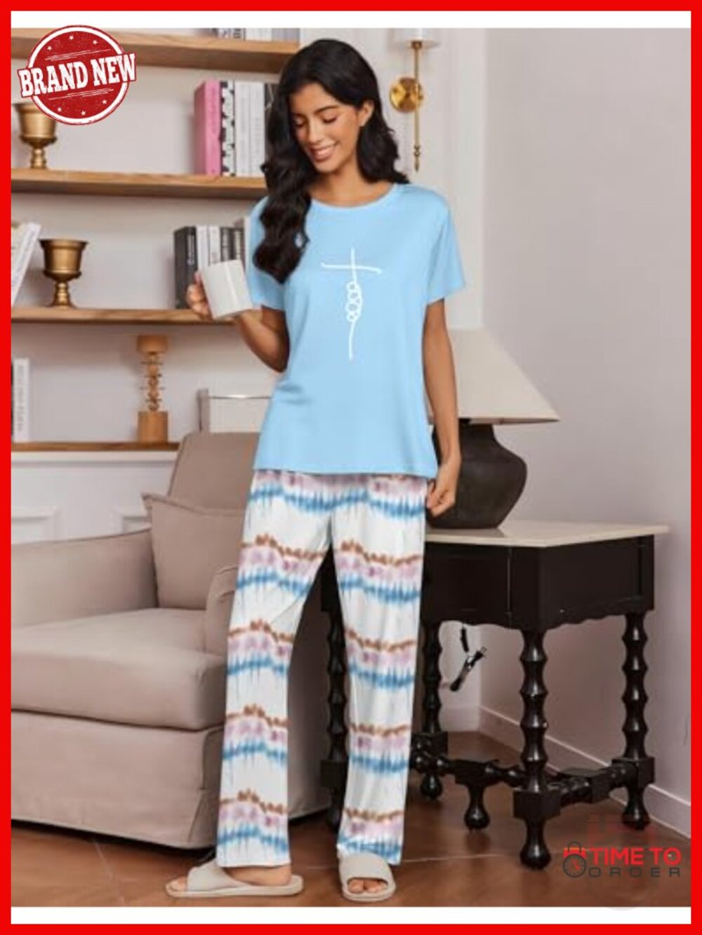 2 Pack Pajamas Set Short Sleeve Sleepwear Top and Pants Soft Lounge Sets with - Picture 2 of 6